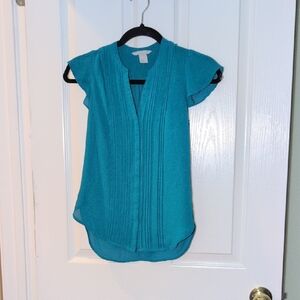 H&M Teal Pintuck Flutter Sleeve Blouse